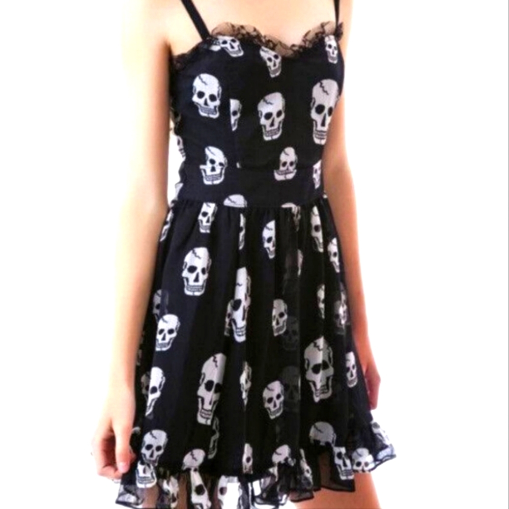 Royal Bones Black Mini Skull Print Goth Punk Emo Dress
